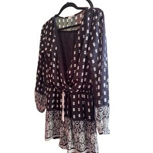Japna Black & White Sheer Boho Romper Long Sleeve with Drawstring Waist